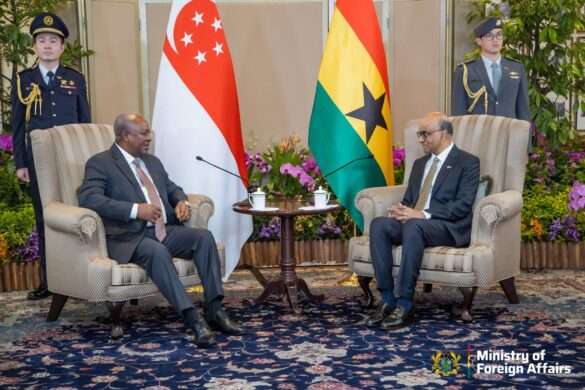 Ghana President John Mahama, left, speaks with Singapore President Tharman Shanmugaratnam during Mahama’s State Visit to Singapore.